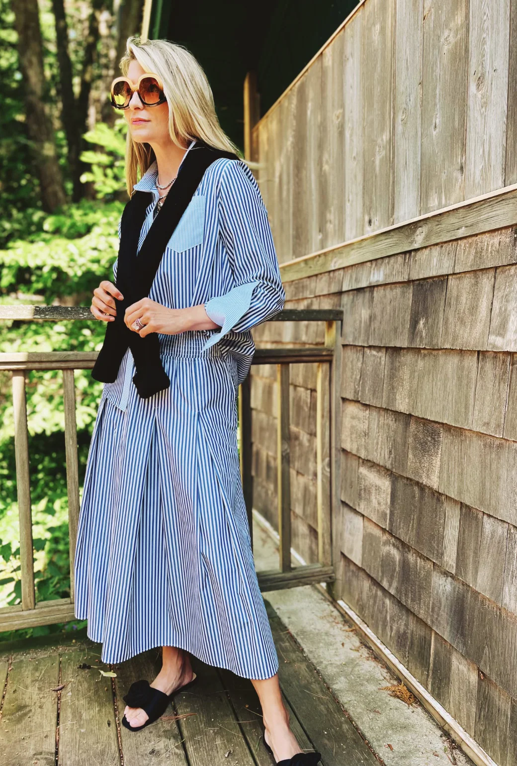 Smocked Waist MIDI Skirt - Blue Stripe