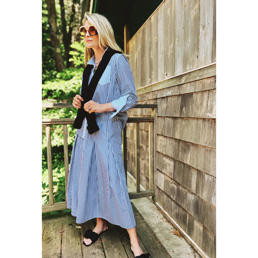 Smocked Waist MIDI Skirt - Blue Stripe - Image 6
