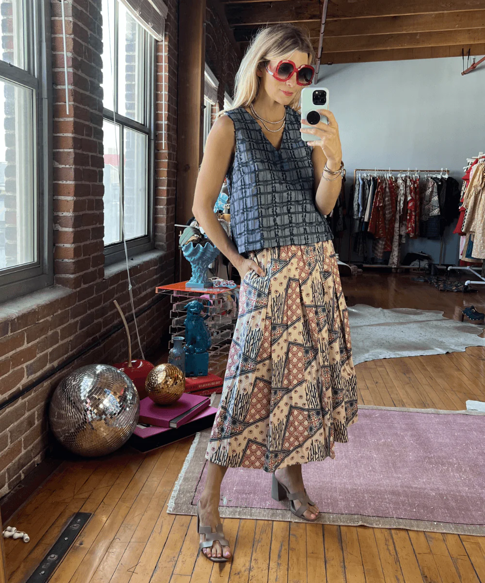 Smocked Waist MIDI Skirt - Indigo Circles - Image 5
