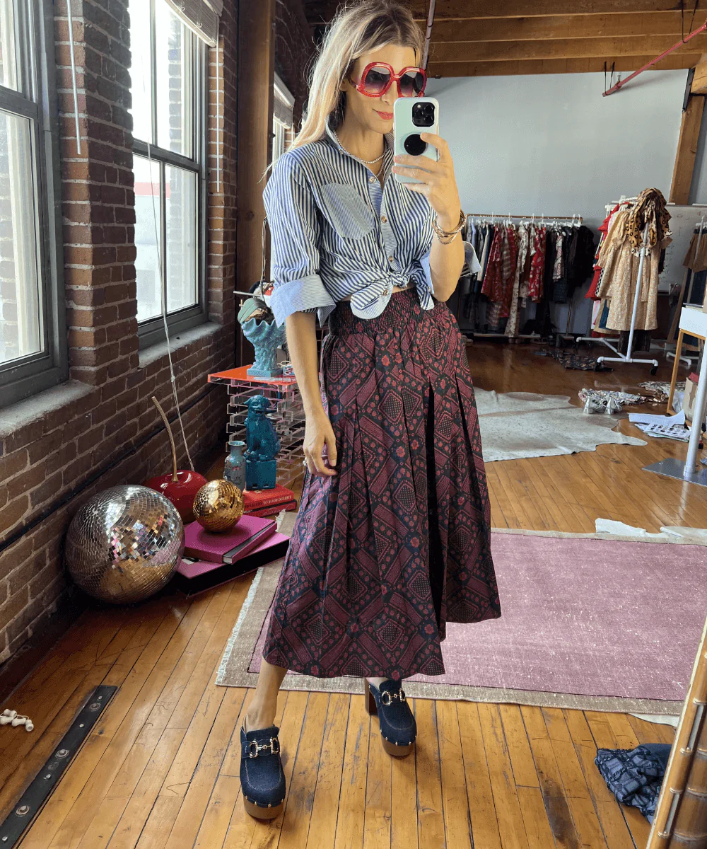 Smocked Waist MIDI Skirt - Indigo Floral - Image 5