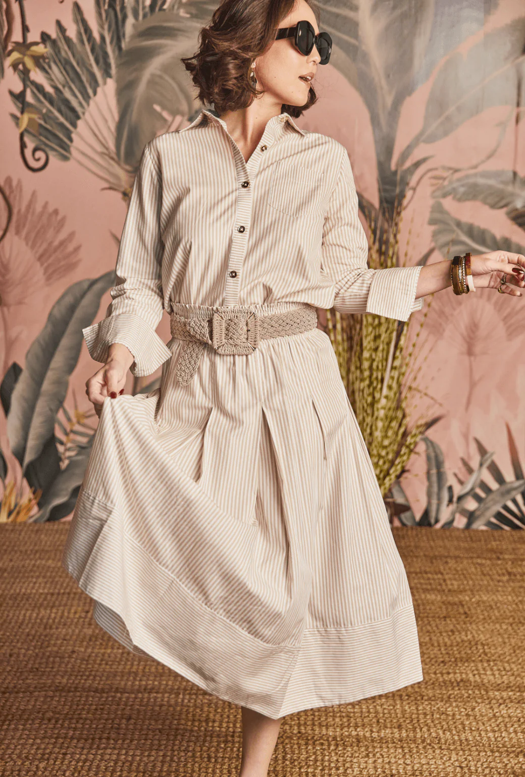 Smocked Waist MIDI Skirt - Oatmeal Stripe - Image 2