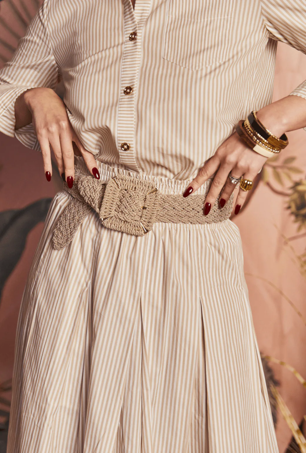 Smocked Waist MIDI Skirt - Oatmeal Stripe - Image 3
