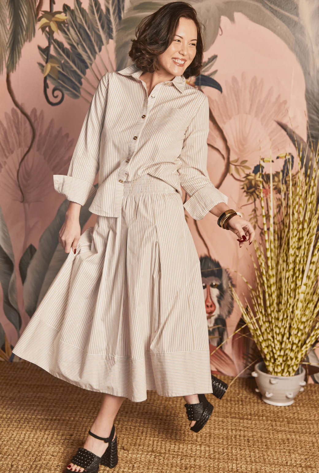 Smocked Waist MIDI Skirt - Oatmeal Stripe - Image 5